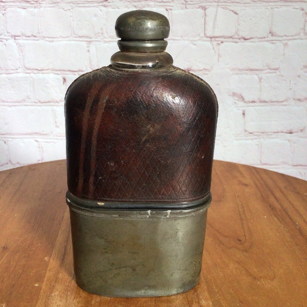 Antique Glass, Leather and Pewter Hip Flask Registered November 21st 1868